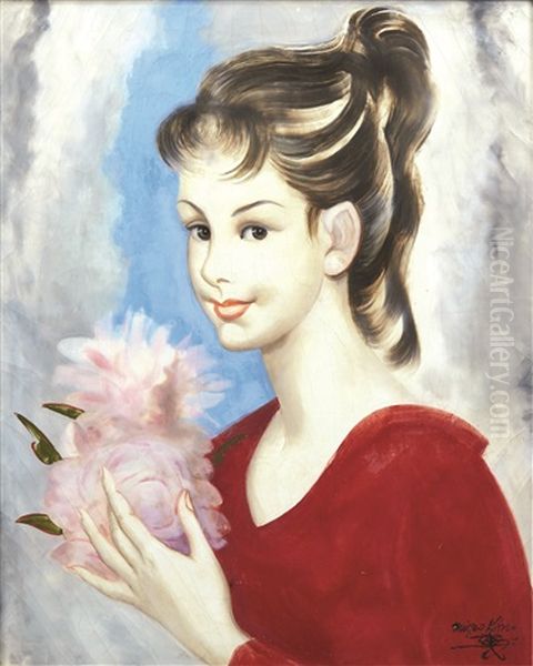 Jeune Fille A La Robe Rouge Et Pivoines - view 1