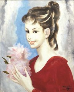 Jeune Fille A La Robe Rouge Et Pivoines