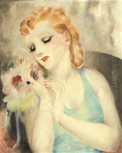 Femme A La Fleur Et Robe Bleue by Micao Kono