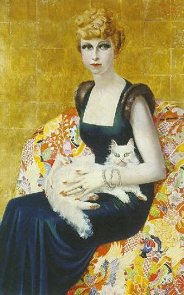 Elegante Assise, Un Chat Sur Les Genoux - view 1