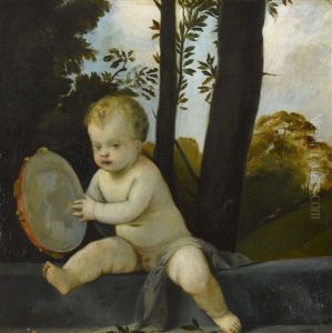 Kleiner Putto Mit Tambourin In Waldlandschaft Kleiner Putto Mit Tambourin In Waldlandschaft