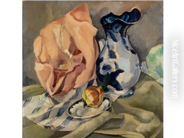 Stilleben Mit Blau Gemustertem Krug Und Frucht In Einem Teller Auf Gestreiftem Tuch (+ Stilleben, Verso) - view 1