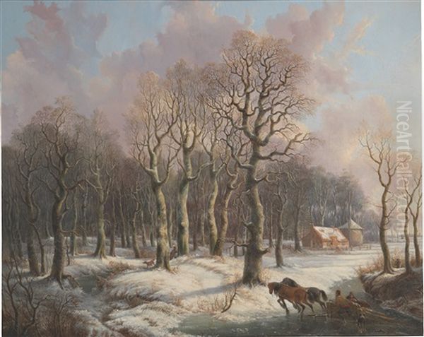 Wood Gatherers With A Horse Drawn Sleigh And A Hunter In A Wintry Forest - view 1