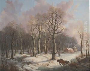 Wood Gatherers With A Horse Drawn Sleigh And A Hunter In A Wintry Forest