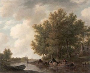 Sommerliche Fluslandschaft Mit Kate Und Plattbodenschiffen by Adrianus Van Der Koogh