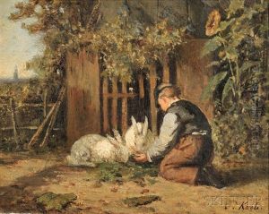 Young Boy Feeding Rabbits by Sipke (Cornelis) Kool