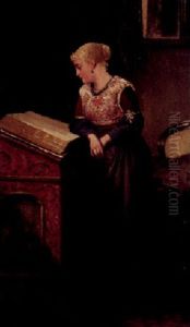 Portrait Einer Jungen Frau Am Stehpult Mit Folianten