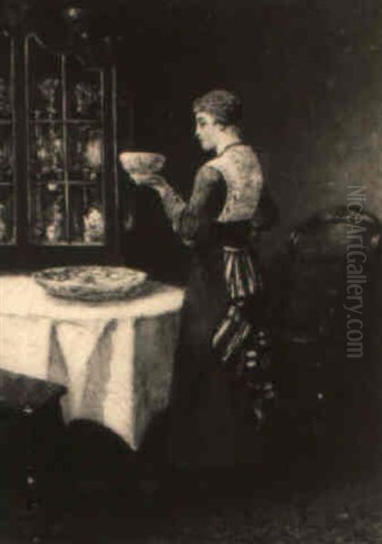 An Interior With A Woman Standing Near A Porcelain Cabinet - view 1