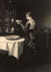 An Interior With A Woman Standing Near A Porcelain Cabinet by Sipke (Cornelis) Kool