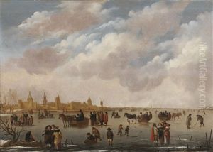 Elegant Figures On The Ice With A Town Beyond by Willem Gillisz Kool