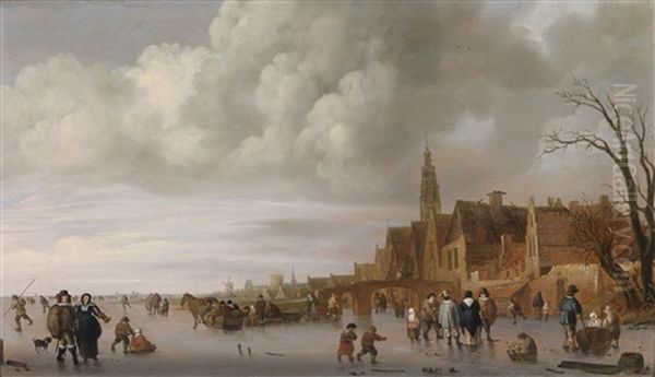 Winterlandschaft Mit Eislaufern Vor Einer Stadt - view 1