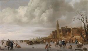 Winterlandschaft Mit Eislaufern Vor Einer Stadt