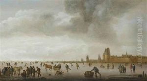 A Winter Landscape With Skaters On The Singel Near The Northern City Wall With The St. Janspoort, Haarlem by Willem Gillisz Kool