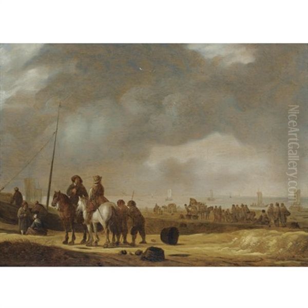 Beach Scene With Two Horsemen Conversing, Fisherfolk Unloading Carts, Sailing Vessels Beyond - view 1