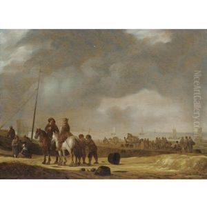 Beach Scene With Two Horsemen Conversing, Fisherfolk Unloading Carts, Sailing Vessels Beyond by Willem Gillisz Kool