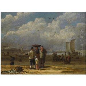 Fishermen And Women Conversing On The Beach, Other Fishermen Unloading Their Catch In The Background by Willem Gillisz Kool