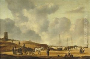Fisherfolk On The Beach Of Egmond Aan Zee by Willem Gillisz Kool