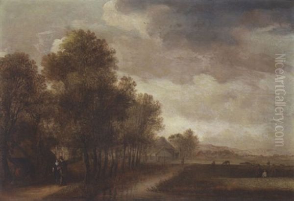 A Landscape With Figures Walking Along An Avenue Of Trees, A Cottage Nearby - view 1
