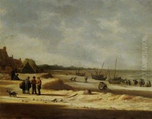 A Beach Scene With Fisherfolk In A Dune Village And Fishing Boats Moored On The Beach by Willem Gillisz Kool