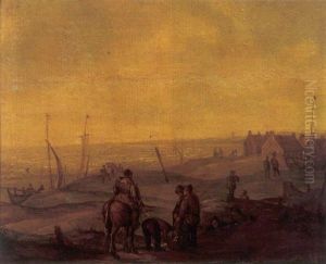 Fisherfolk In A Dune Landscape With Sailing Boats On A Beach, A Town Beyond by Willem Gillisz Kool