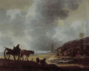 A Beach Scene With Fisherfolk And Their Catch, A Peasant In A Horse Drawn Carriage Approaching by Willem Gillisz Kool