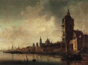Befestigte Stadt An Einem Flus, Fischerboote Im Vordergrund by Willem Gillisz Kool