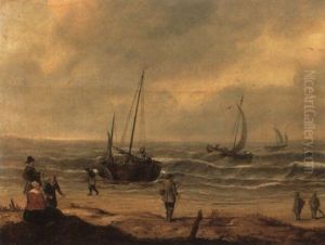 Fishermen Unloading Their Catch On A Beach With Other Vessels Fishermen Unloading Their Catch On A Beach With Other Vessels