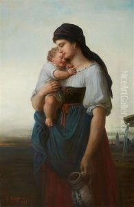A Mother And Child By A Well by Theodor Koeppen