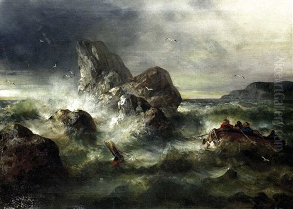 Sturm An Felsiger Kuste Mit Vier Mannern In Einem Boot - view 1
