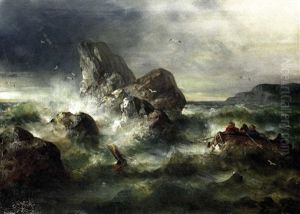 Sturm An Felsiger Kuste Mit Vier Mannern In Einem Boot by Theodor Koeppen