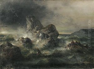 Sturmische Meereskuste Mit Ruderboot In Seenot by Theodor Koeppen