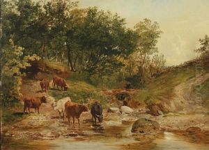 Cattle Watering By A Pool by Richard Beavis
