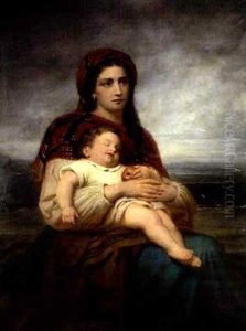 Mutter Mit Schlafendem Kind Vor Weiter Landschaft by Theodor Koeppen