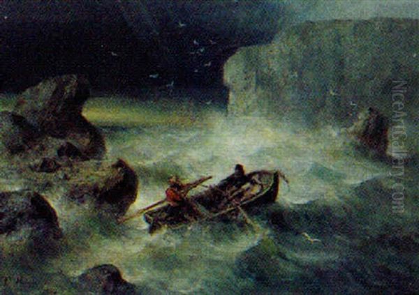 Sturm An Felsiger Kuste, Drei Manner In Einem Ruderboot - view 1