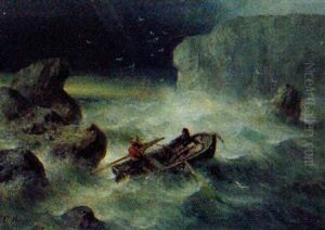 Sturm An Felsiger Kuste, Drei Manner In Einem Ruderboot by Theodor Koeppen