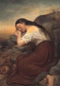 Sovende Ung Pige Pa En Klippe by Theodor Koeppen