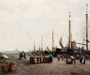 Bedrijvigheid Van Vissers Bij Bomschuiten Op Het Scheveningse Strand, In De Verte Seinpost