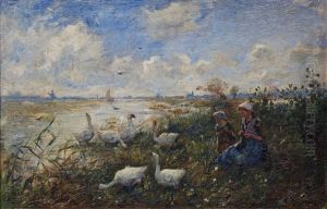 Meisjes Met Ganzen Aan Plas