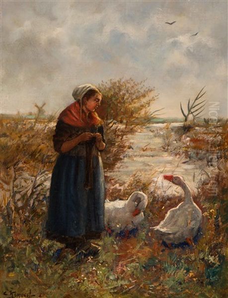 Farmer And Two Geese By The Water's Edge - view 1
