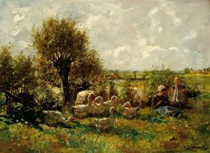 Two Children With Geese In A Polder Landscape