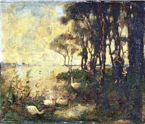 Feeding The Geese On The Waterside by Cornelis Koppenol