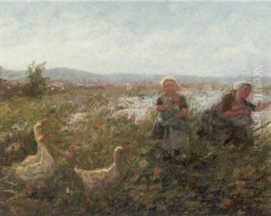 Zwei Hutemadchen Mit Ihren Gansen Auf Der Wiese Zwei Hutemadchen Mit Ihren Gansen Auf Der Wiese