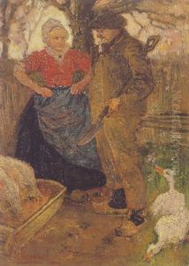 Farmers In A Yard by Cornelis Koppenol