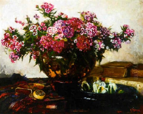 Sweet Williams In A Bowl With Books And A Dish On A Draped Table - view 1