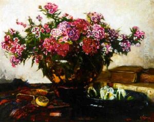 Sweet Williams In A Bowl With Books And A Dish On A Draped Table