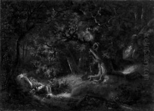 Waldinneres Mit Bachlauf Und Rehen