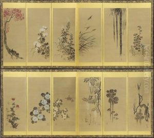 A Pair Of Seasonal Flowers Six-fold Screen by Ogata Korin