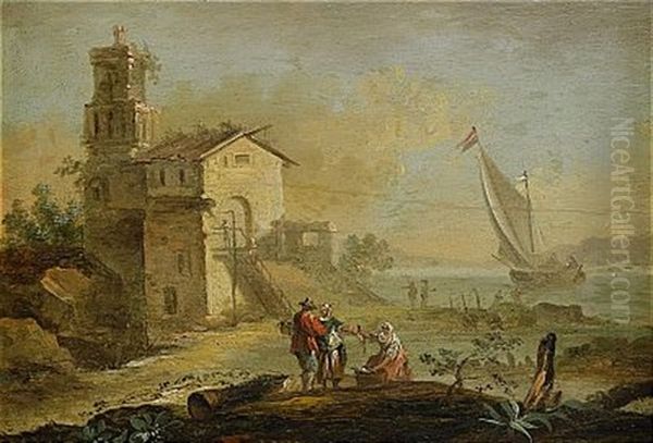 Pastoralt Kustlandskap Med Ruin Och Figurstaffage - view 1
