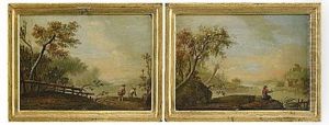 Pastorala Kustlandskap Med Fiskare (pair) by Johan Philip Korn