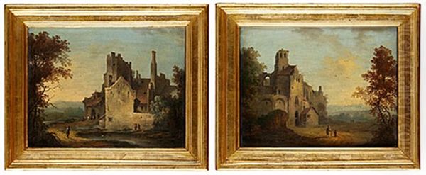 Landskap Med Figurer Vid Byggnader (pair) - view 1
